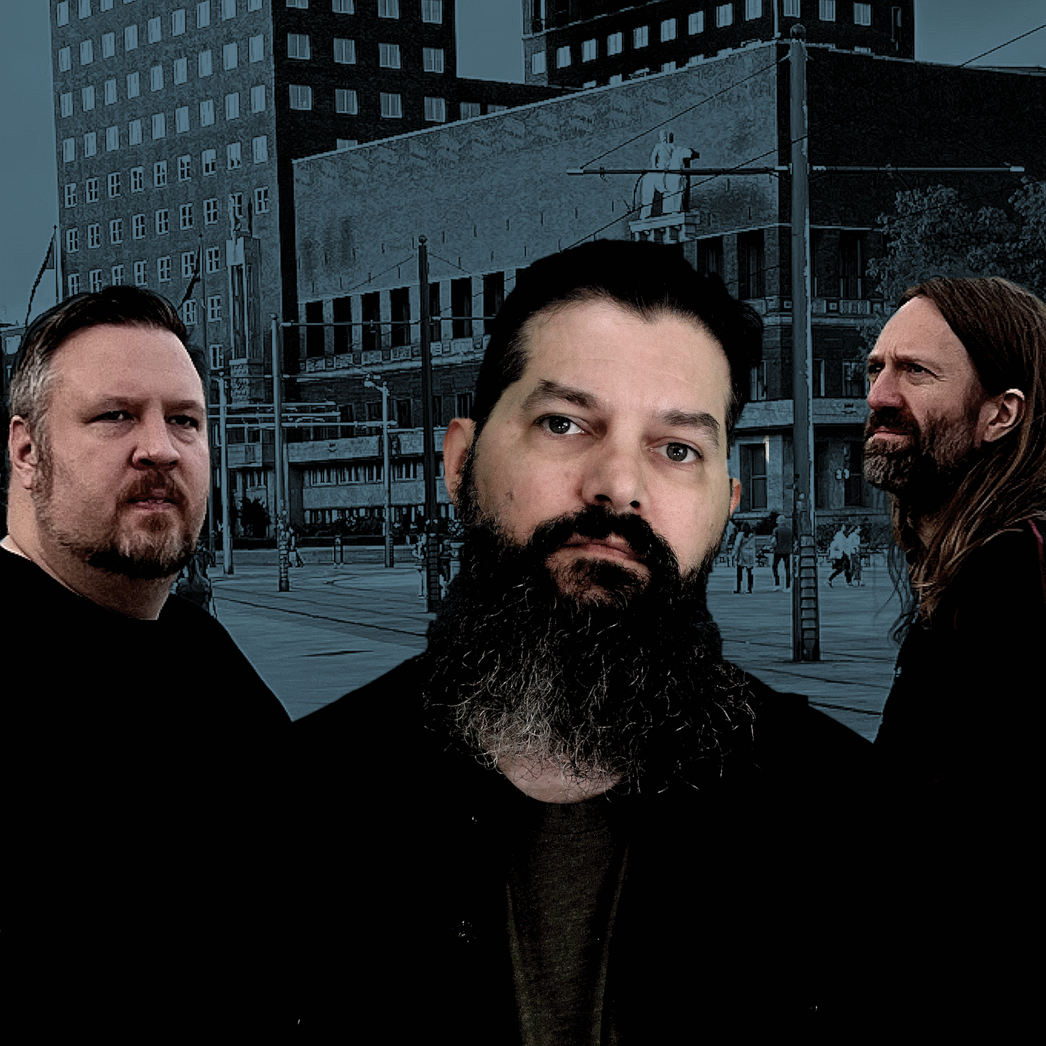 Dark Athame band members against an industrial city backdrop